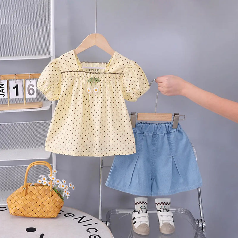 Girls Apricot Polka Dot Printed Puff Sleeve Top With Denim Shorts Sets 2 pc. Sets Apricot 1-2 Y