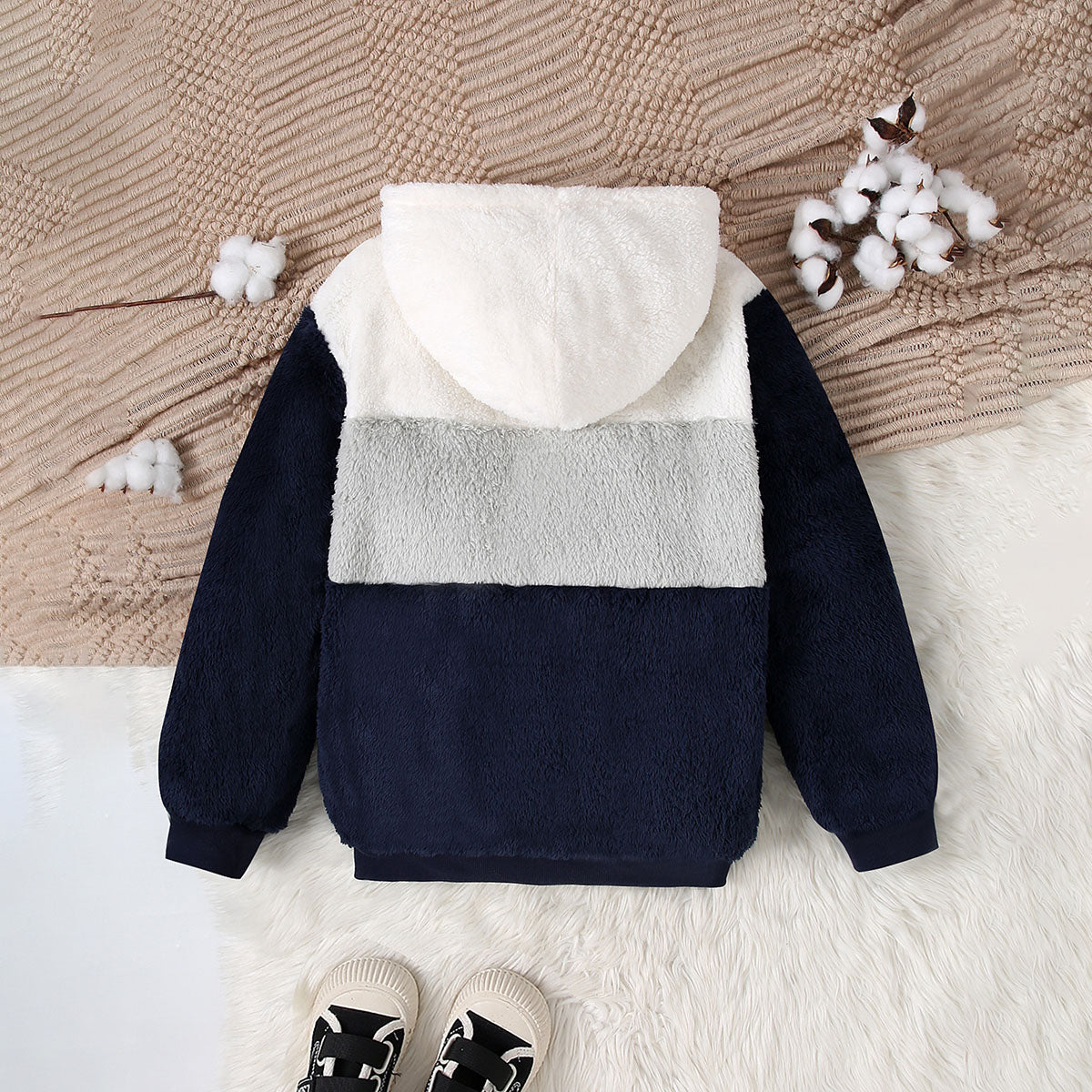 Boys Navy Blue Color-blocked Regular Hooded Sweatshirt Sweatshirts & Hoodies