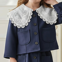 Girls Navy Blue Big Collar Long Sleeves Lace Jacket With Skirt Sets Sets