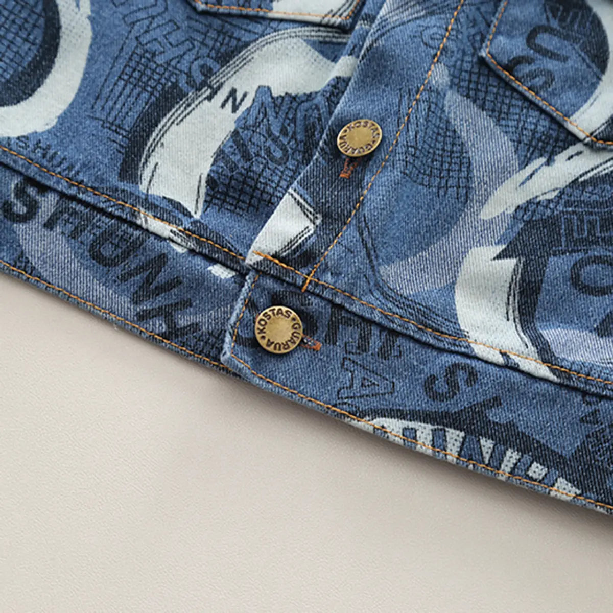 Boys White Abstract Printed Denim Jacket With T-Shirt & Jogger Sets Sets