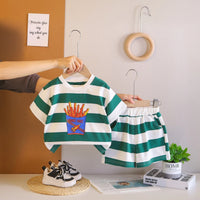 Boys Dark Green Rocket Fries Striped T-Shirt With Elasticated Shorts Sets 2 pc. Sets Dark Green 1-2 Y