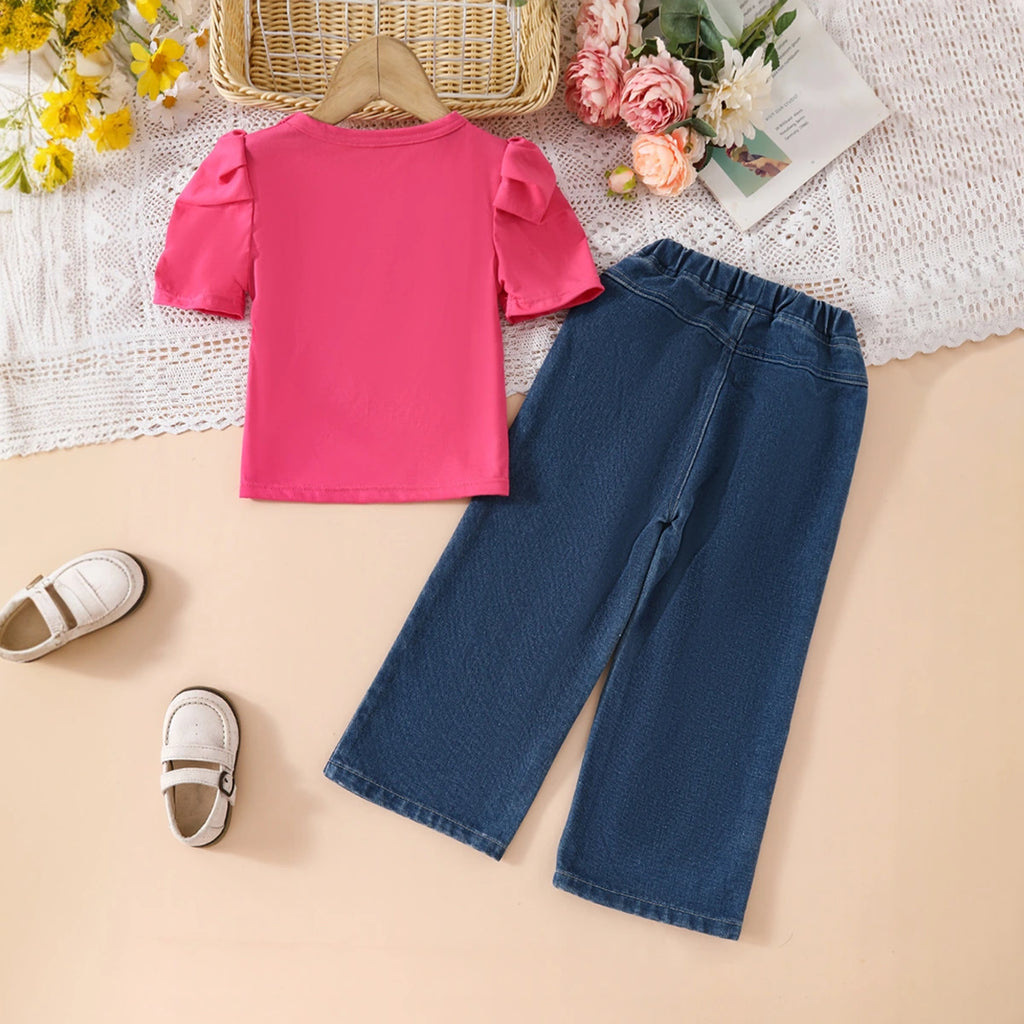 Girls Fuchsia Short Sleeves Top With Bow Embroidered Denim Pants Set Sets