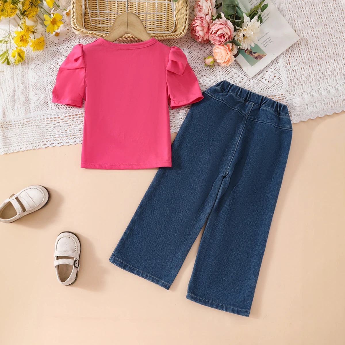 Girls Fuchsia Short Sleeves Top With Bow Embroidered Denim Pants Set Sets