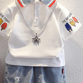 Boys White Short Sleeve Polo T-Shirt With Denim Shorts Sets 2 pc. Sets
