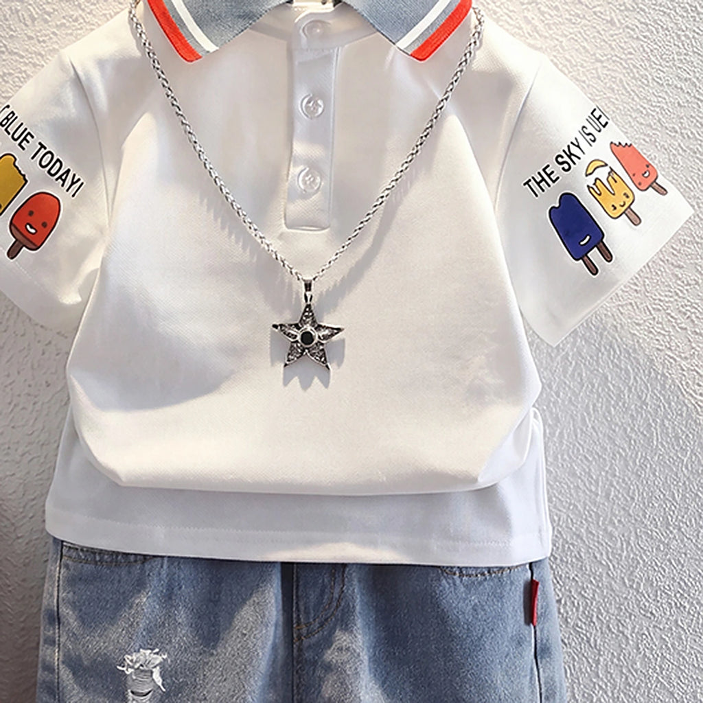 Boys White Short Sleeve Polo T-Shirt With Denim Shorts Sets 2 pc. Sets
