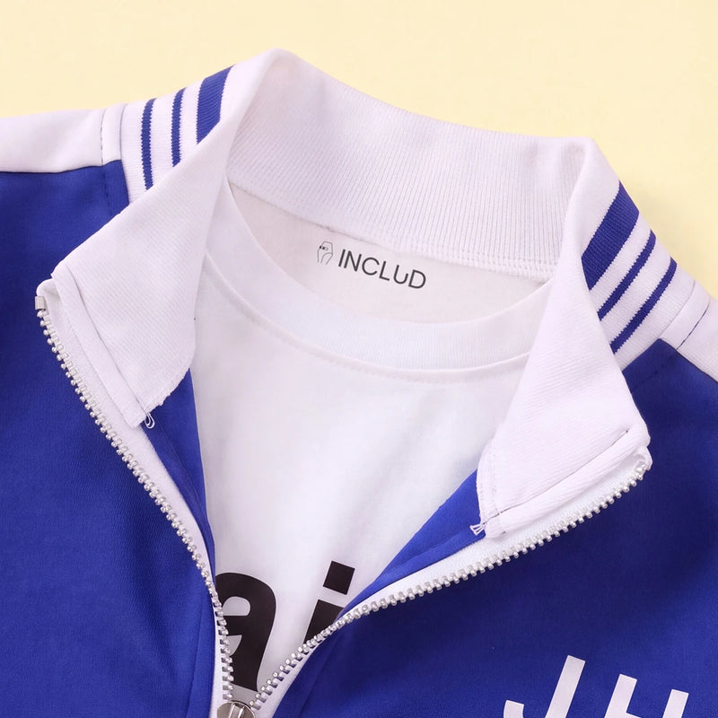 Boys Blue Typographic Printed Zipper Jacket With T-Shirt & Joggers Set Sets