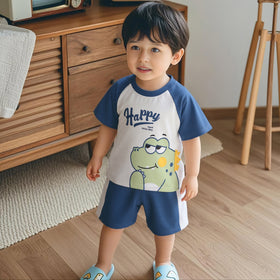 Boys Blue Happy Dinosaur Print Raglan Sleeve T-Shirt With Shorts Set 2 pc. Sets Blue 1-2 Y