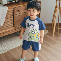 Boys Blue Happy Dinosaur Print Raglan Sleeve T-Shirt With Shorts Set 2 pc. Sets Blue 1-2 Y