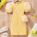 Girls Yellow Puff Sleeves Round Neck Bodycon Dress With Sling Bag Casual Dresses Yellow 2-3 Y