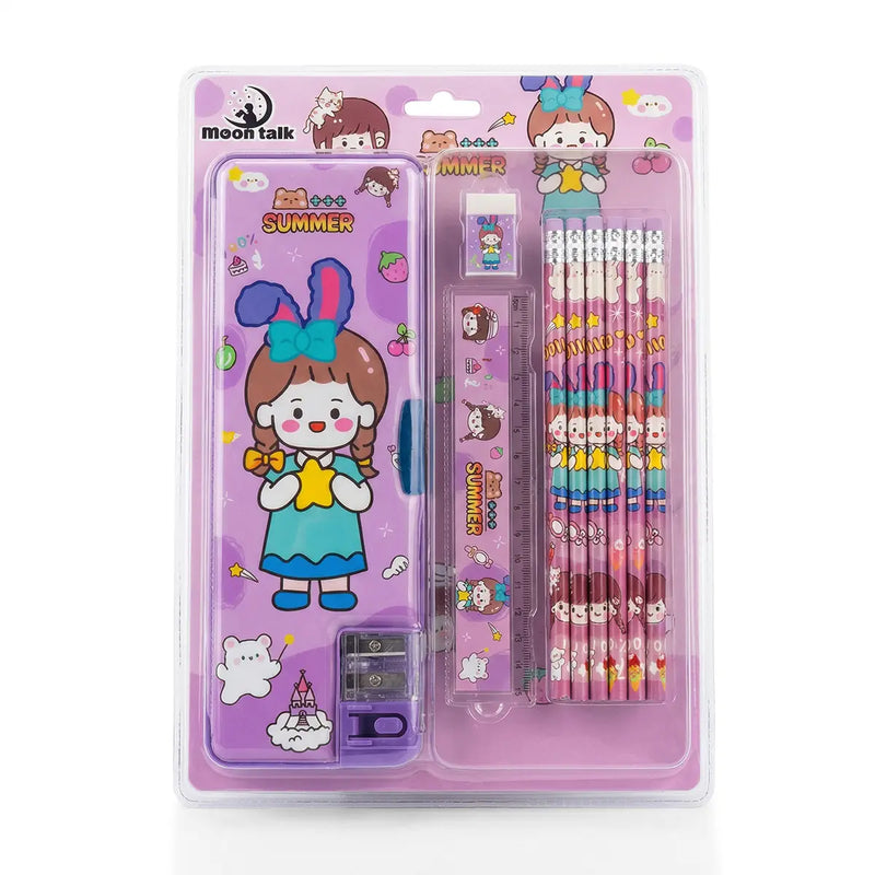 Girls Cartoon Stationery Set with Pencil Box -School Kit with Pencils, Ruler, Eraser & Sharpener Trending Accessories Purple Onesize