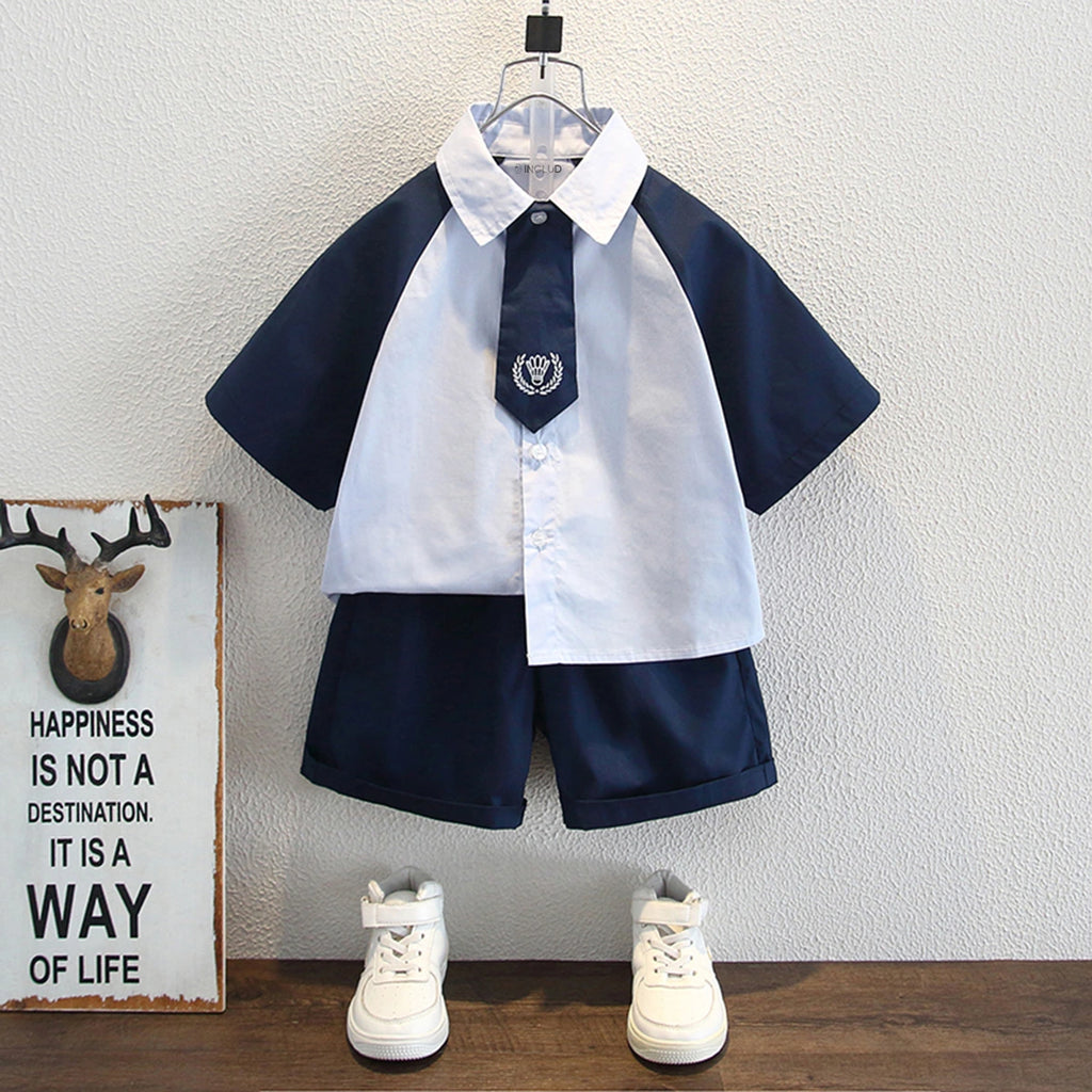 Boys Blue Colorblocked Short Sleeves Shit With Shorts Set Sets Blue 1-2 Y