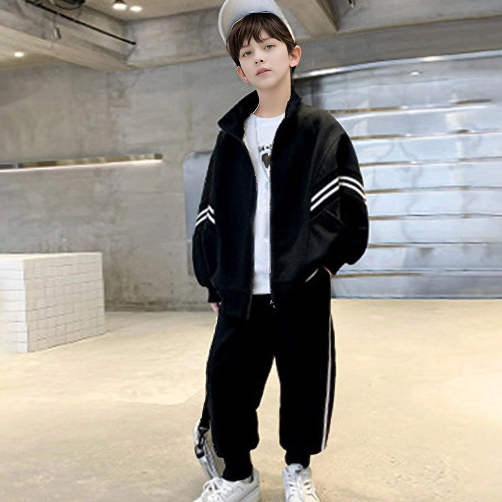 Boys Black Zip-up Jacket With Jogger Sets Sets