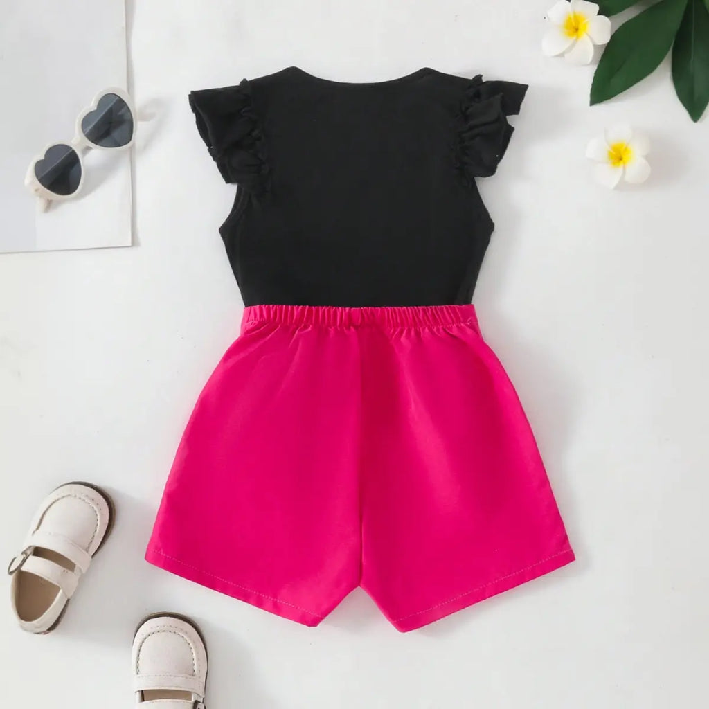 Girls Typographic Printed Top With Fuchsia Shorts Set Sets