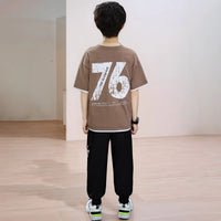 Boys Brown Alphanumeric Printed T-Shirt With Joggers Set Sets