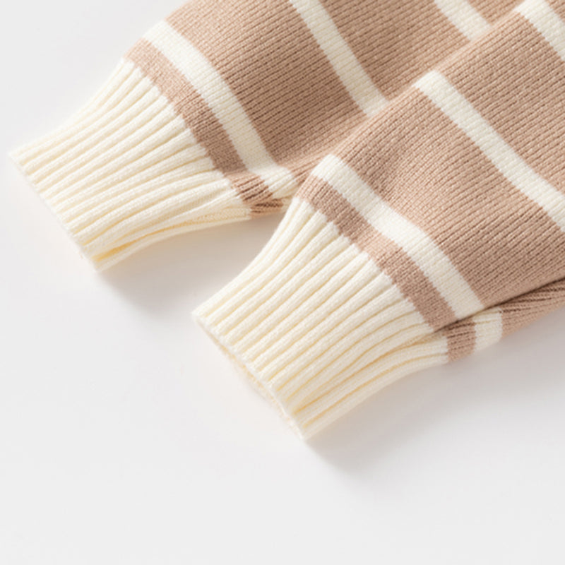 Boys Light Brown Polo Collar Sweatshirt With Self Design Stripe Patterns Sweaters & Cardigans