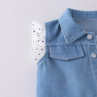 Girls White Polka Dot Spaghetti Strap A-line Dress with Denim Jacket Casual Dresses