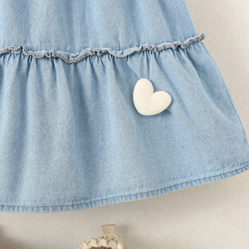 Girls Blue Heart Applique Layered Denim Dress Casual Dresses