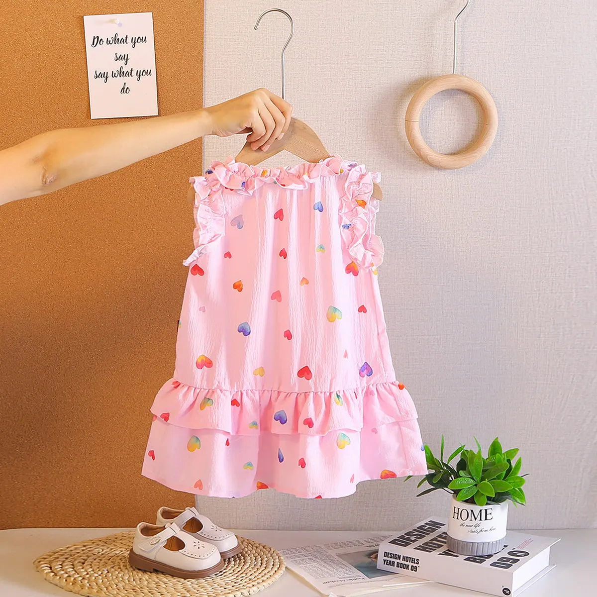 Girls Pink Heart Printed Sleeveless A-line Dress Casual Dresses