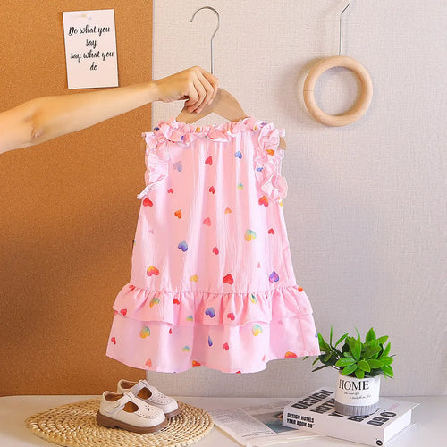 Girls Pink Heart Printed Sleeveless A-line Dress Casual Dresses