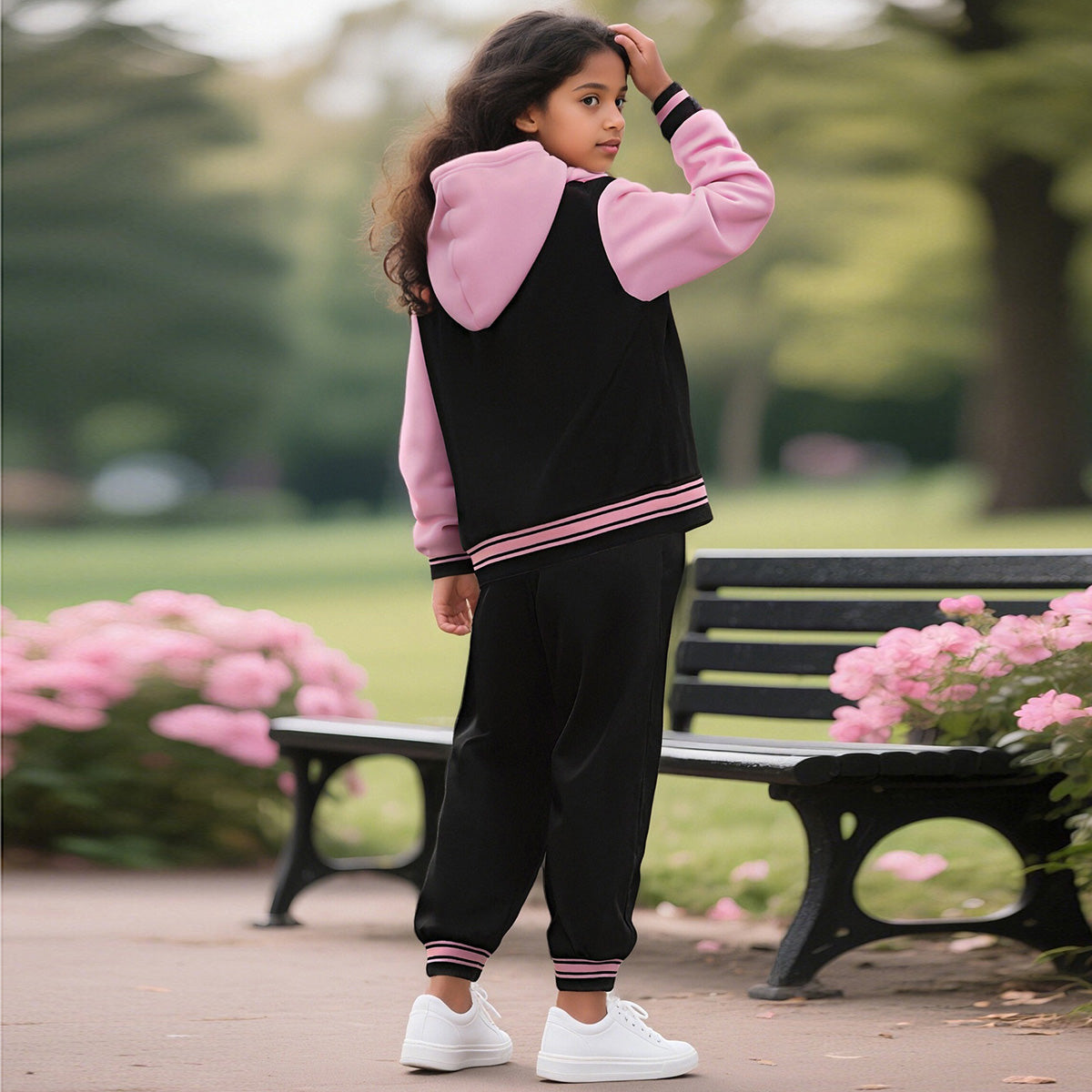 Girls Pink Typographic Printed Front Open Hooded Swetashirt With joggers Set 2 pc. Sets