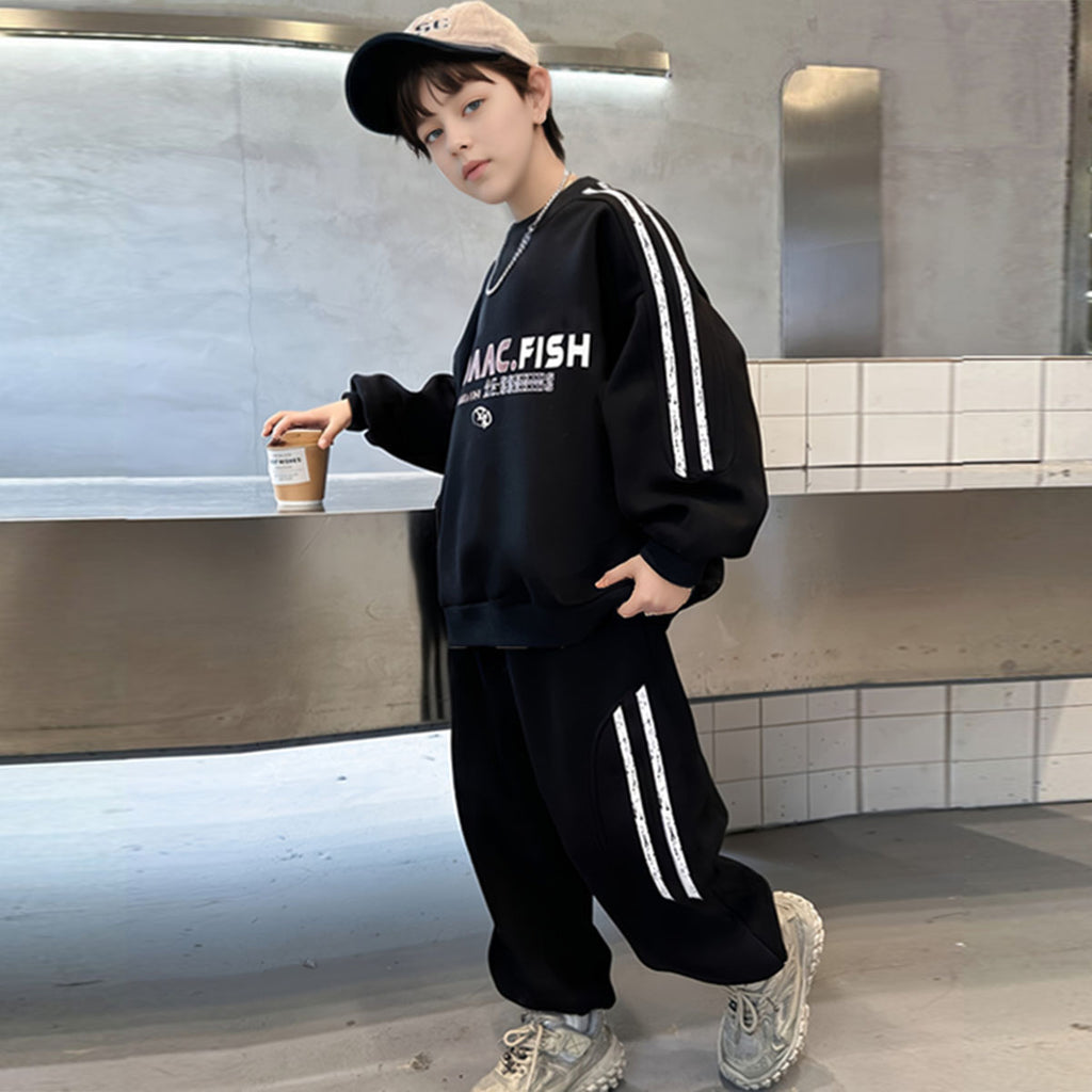 Boys Black Typographic Printed Sweatshirt With Joggers Winter Co-ord Sets 2 pc. Sets