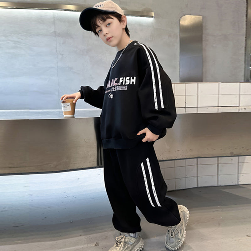 Boys Black Typographic Printed Sweatshirt With Joggers Winter Co-ord Sets 2 pc. Sets