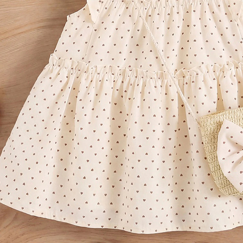 Girls Cream Flutter Sleeve Heart Print Tiered Dress Casual Dresses