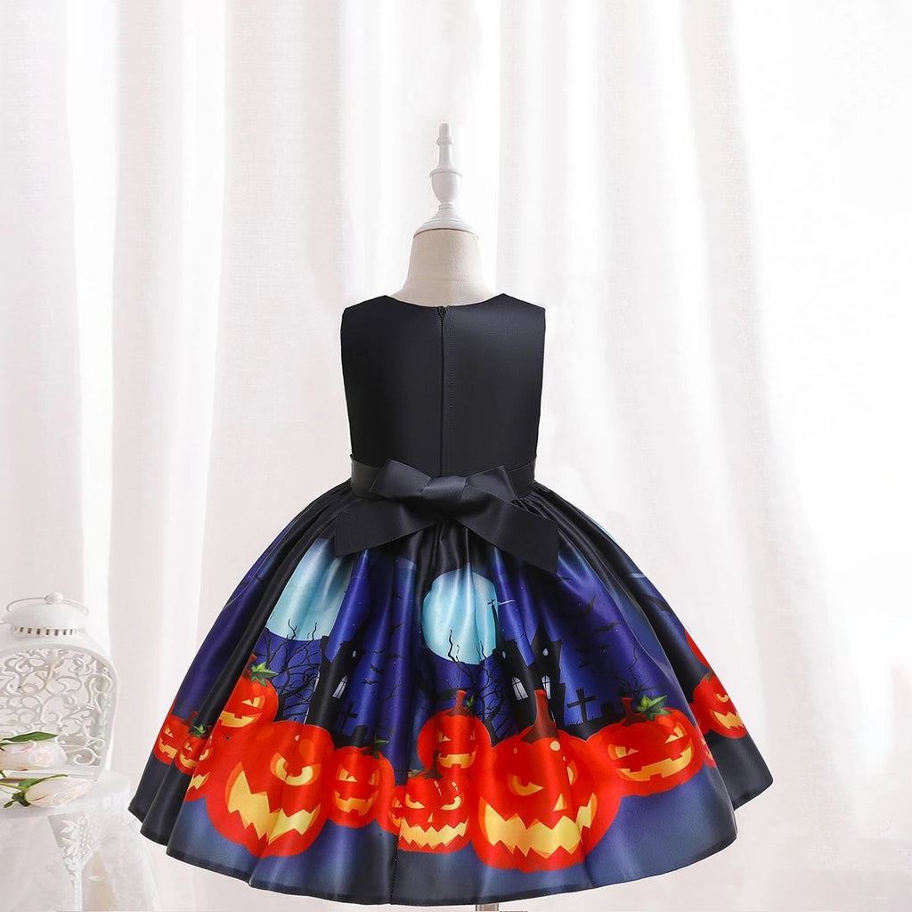 Girls Black Halloween Pumpkin Printed Fit & Flare Party Wear Dress Party Dresses
