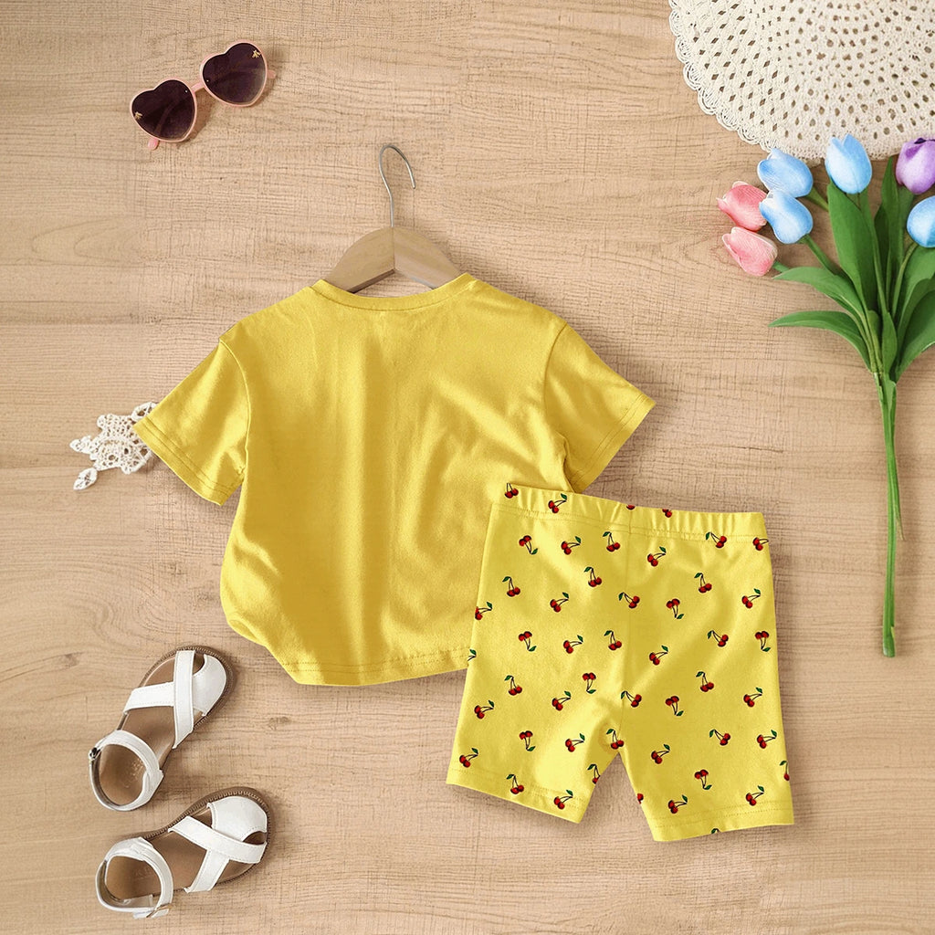 Girls Yellow Cherry Print Short Sleeve T-Shirt With Shorts Sets 2 pc. Sets