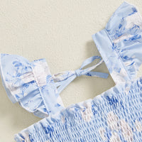 Girls Light Blue Floral Printed Flutter Sleeve Smocked Tiered Dress Casual Dresses