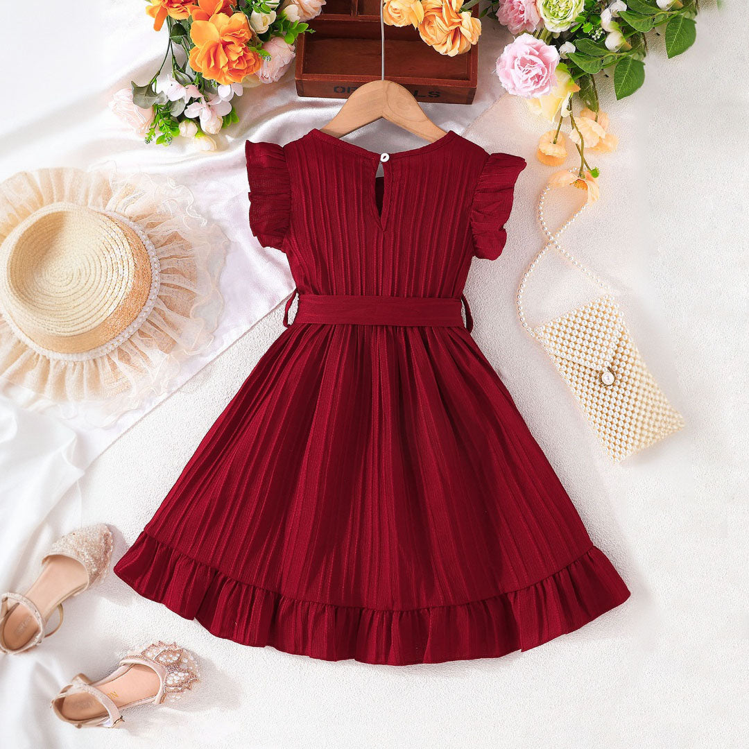 Girls Maroon Flutter Sleeves Bottom Ruffled Fit & Flare Dress Casual Dresses