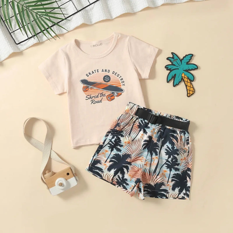 Boys Beige Short Sleeve T-Shirt With Tropical Print Shorts Sets 2 pc. Sets Beige 1-2 Y