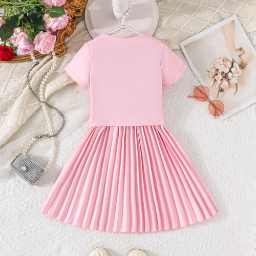 Girls Pink Flower Applique Short Sleeves Top With Pleated Skirts Co-ord Sets Sets