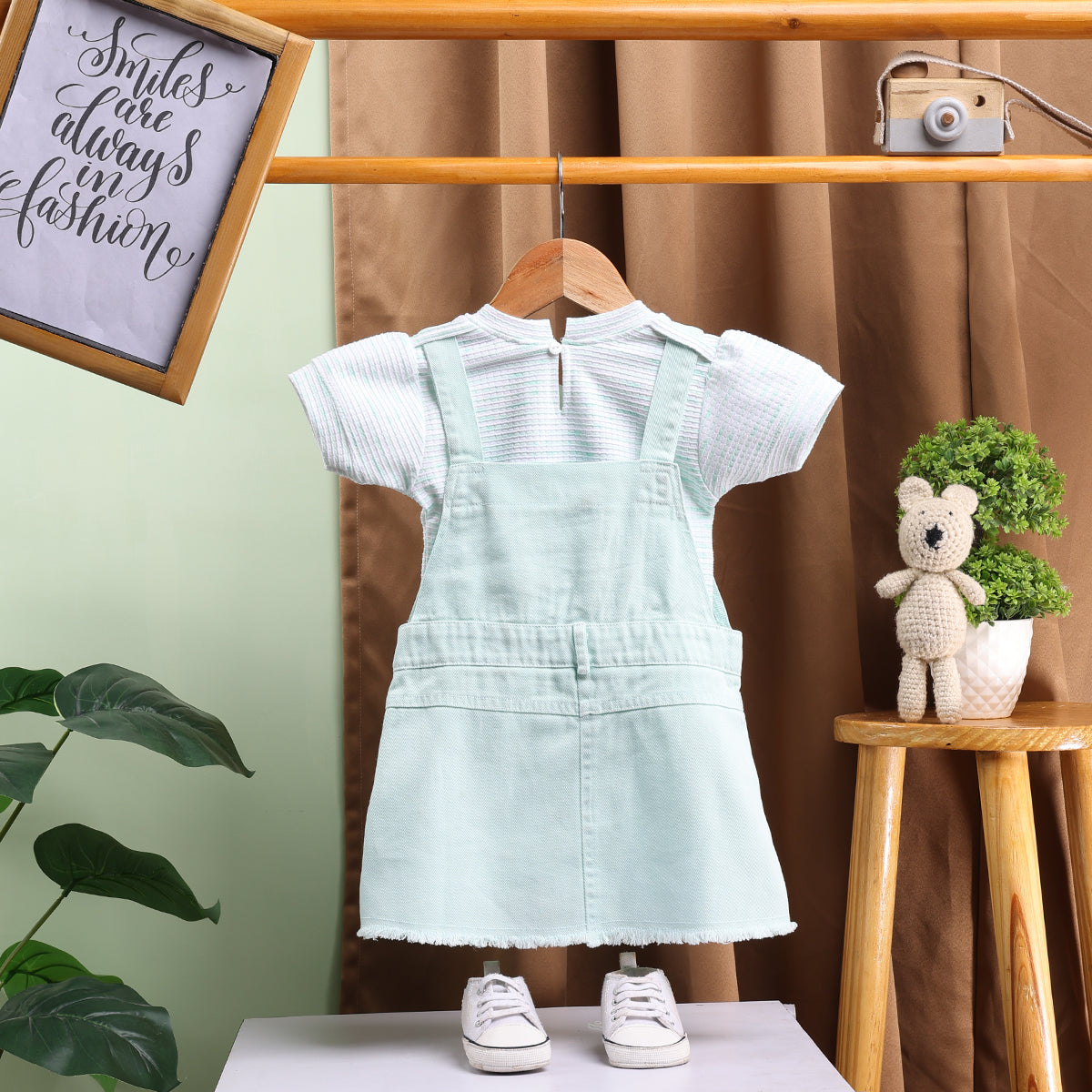 Girls Green Embroidered Dungaree With Stripe T-Shirt Sets 2 pc. Sets