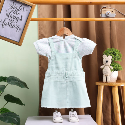Girls Green Embroidered Dungaree With Stripe T-Shirt Sets 2 pc. Sets