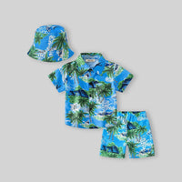Boys Green Tropical Print Button-Down Shirt With Shorts & Hat Co-ord Sets Sets