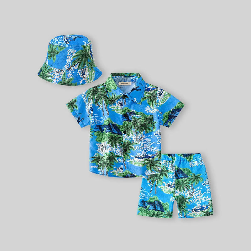 Boys Green Tropical Print Button-Down Shirt With Shorts & Hat Co-ord Sets Sets
