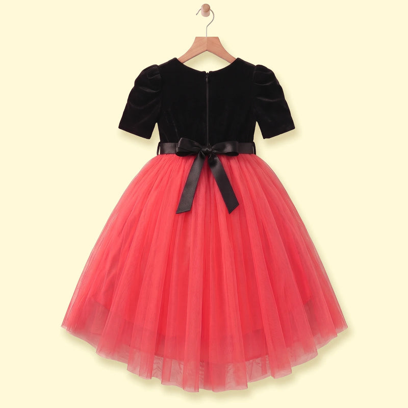 Girls black and pink high-low puff sleeve party dress