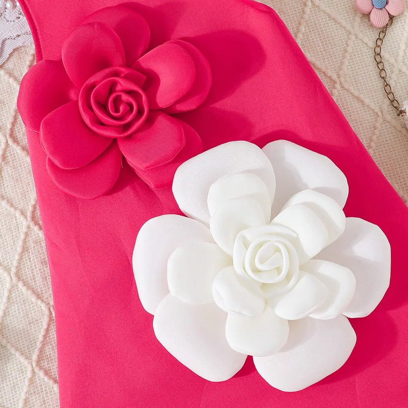 Girls Fuchsia Sleeveless A-line Dress With Large 3D Flowers Applique Casual Dresses