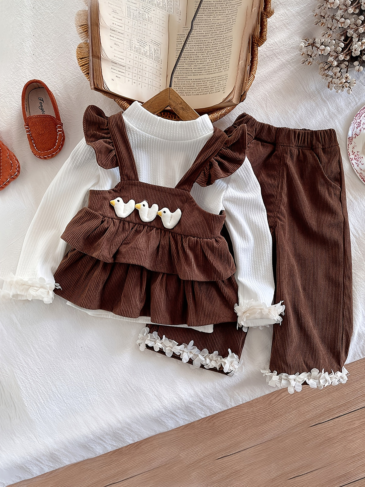 Girls Knitted Long Sleeves Top With Brown Corduroy Tiered Top & Pant Sets Sets