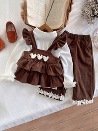 Girls Knitted Long Sleeves Top With Brown Corduroy Tiered Top & Pant Sets Sets