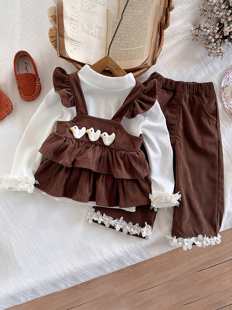 Girls Knitted Long Sleeves Top With Brown Corduroy Tiered Top & Pant Sets Sets