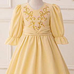 Girls Yellow Embroidered Fit & Flare Maxi Dress With Puff Sleeeves Casual Dresses
