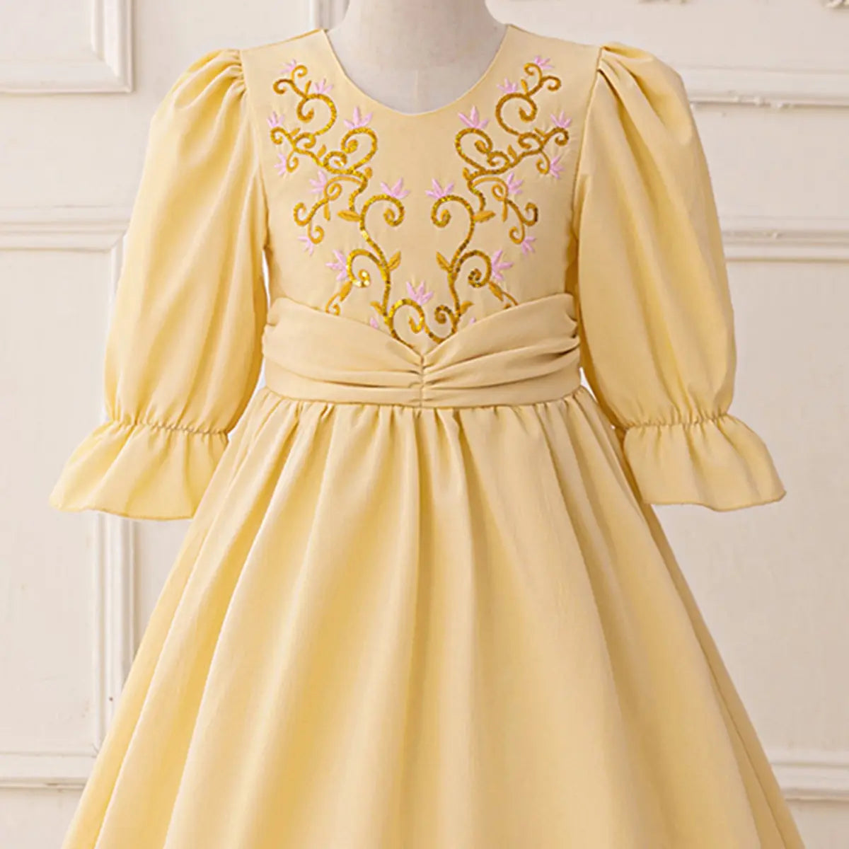 Girls Yellow Embroidered Fit & Flare Maxi Dress With Puff Sleeeves Casual Dresses