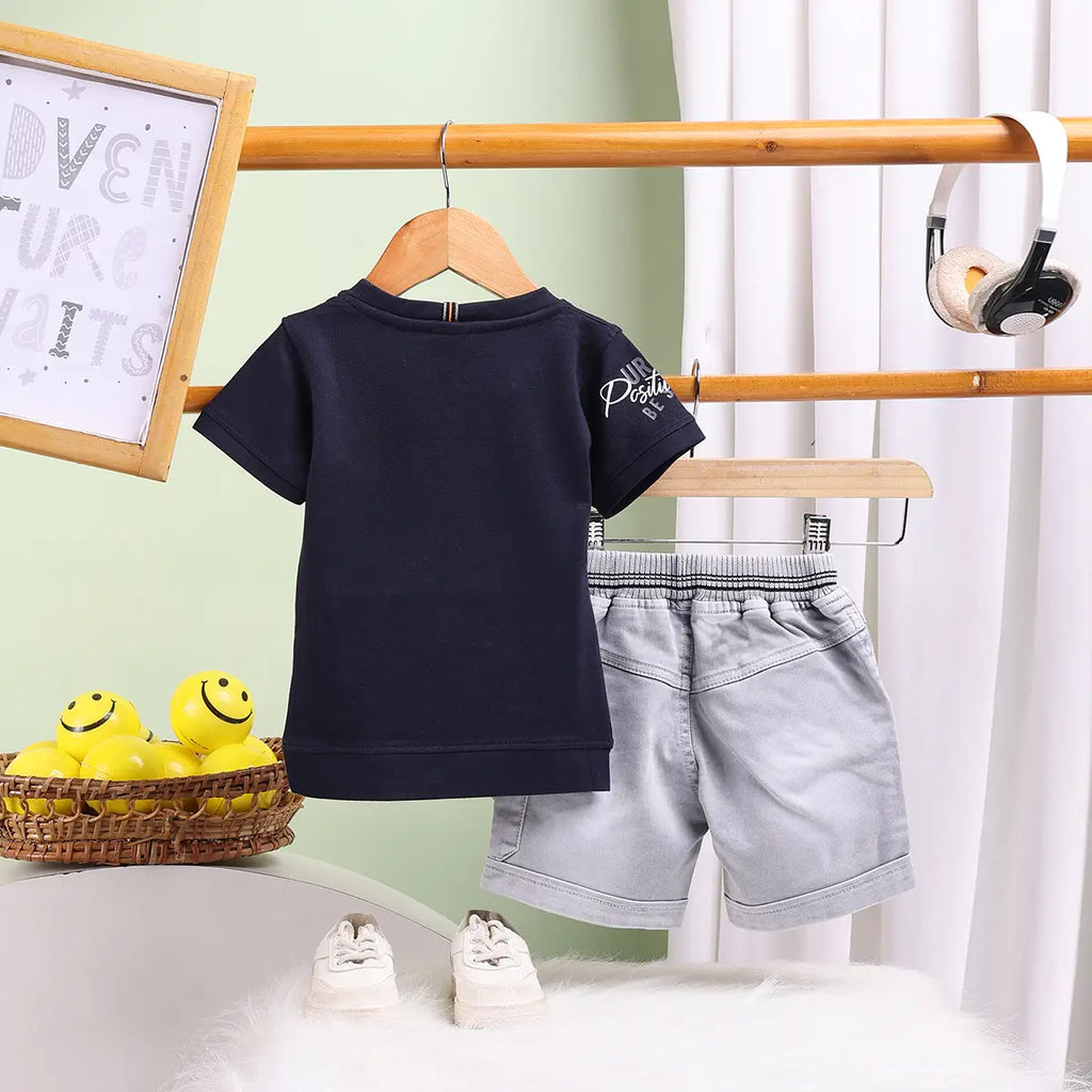 Boys Navy Blue Graphics Short Sleeve T-Shirt With Elasticated Shorts Sets 2 pc. Sets