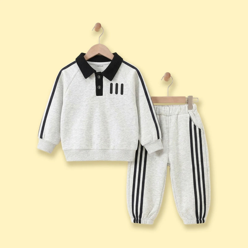 Boys Light Grey Striped Polo Collar Sweatshirt & Pants Co-ord Sets Sets Light Grey 1-2 Y