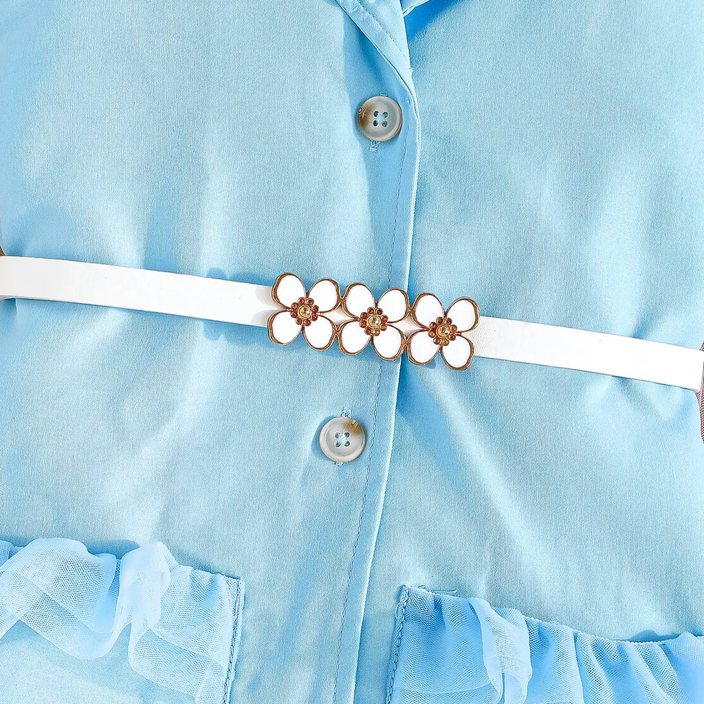 Girls Light Blue Sleeveless Blazer Dresses With Tulle Ruffles Hem Casual Dresses