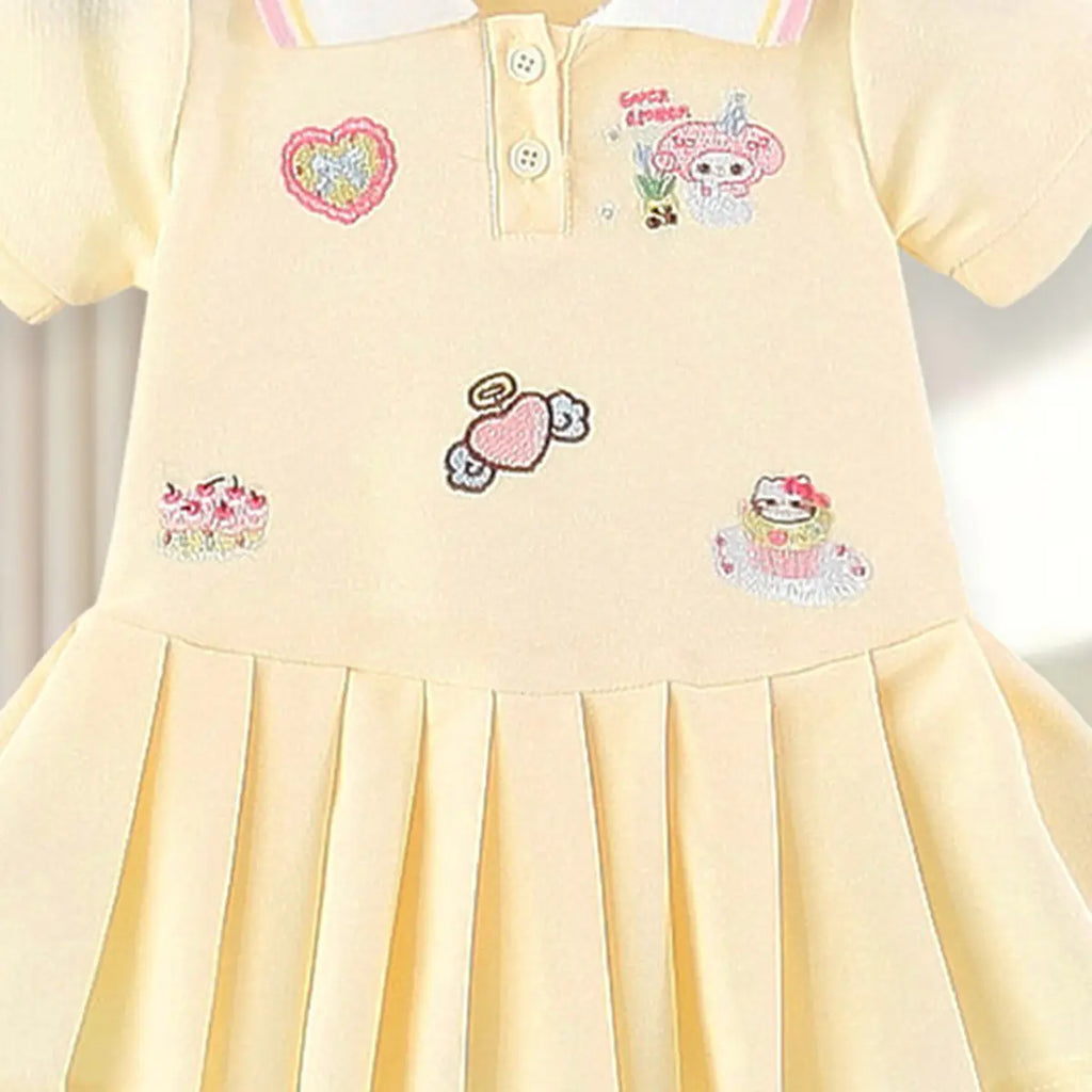 Girls Yellow Bunny Heart Embroidered Short Sleeve Polo Dress Casual Dresses