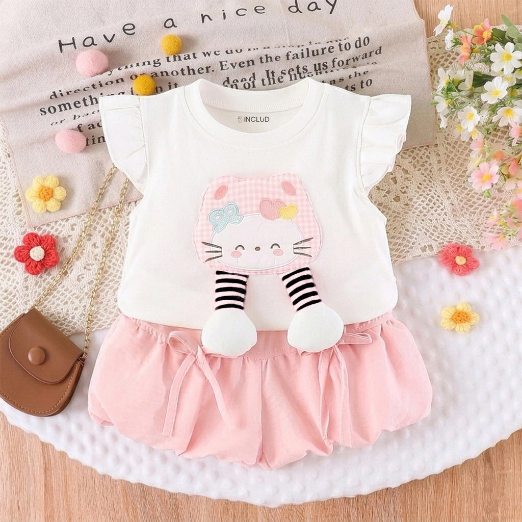 Girls White Kitty Applique Top With Shorts Sets Sets White 1-2 Y