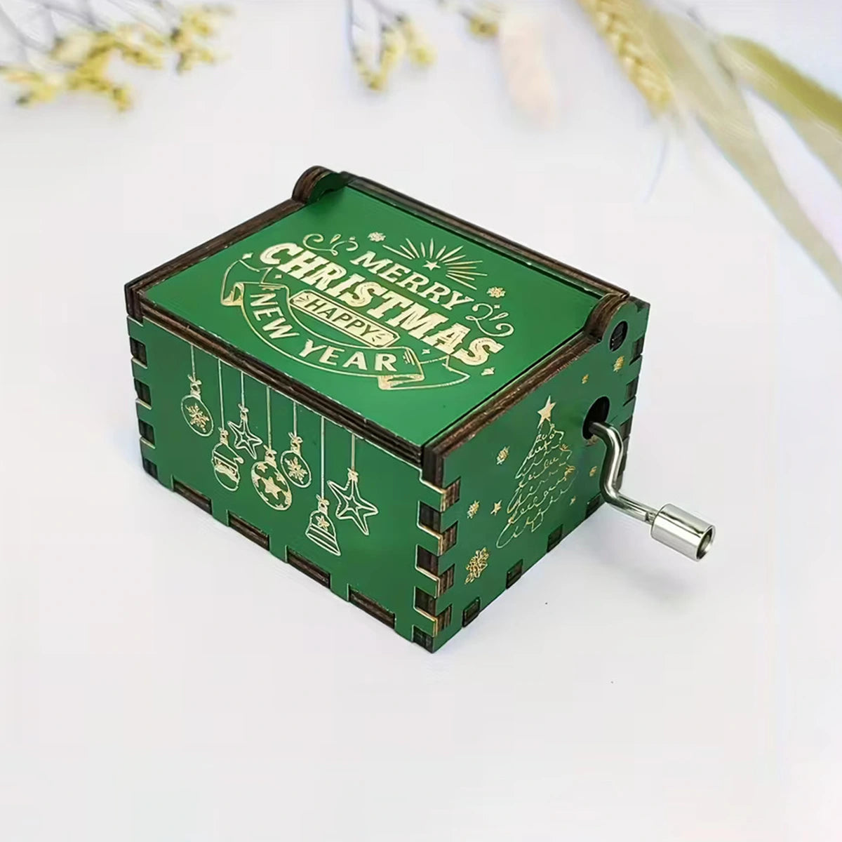 Kids Green Wooden Hand-Crank Christmas Music Box Trending Accessories